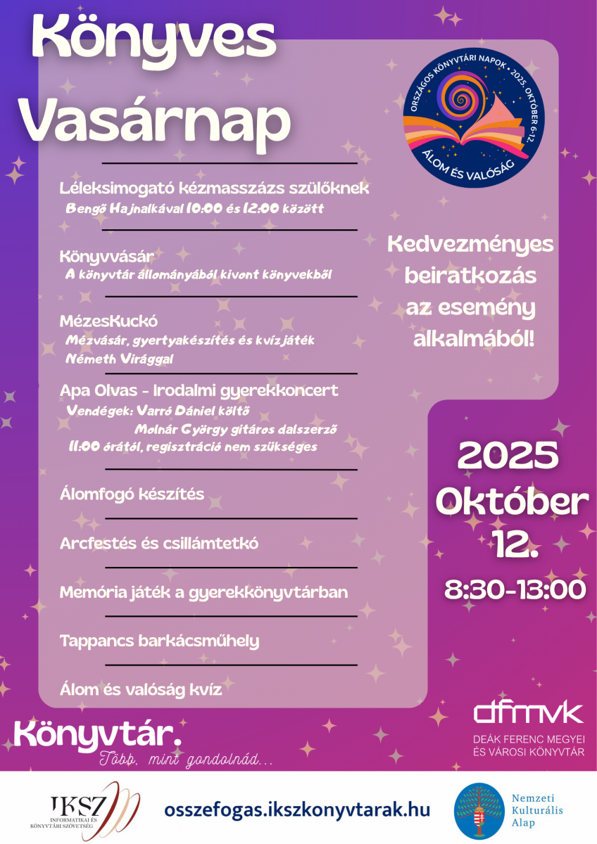 „Knyves Vasrnap plakt – csaldi programokkal, vsrral s koncerttel a Dek Ferenc Megyei s Vrosi Knyvtrban, 2025. oktber 12-n.”